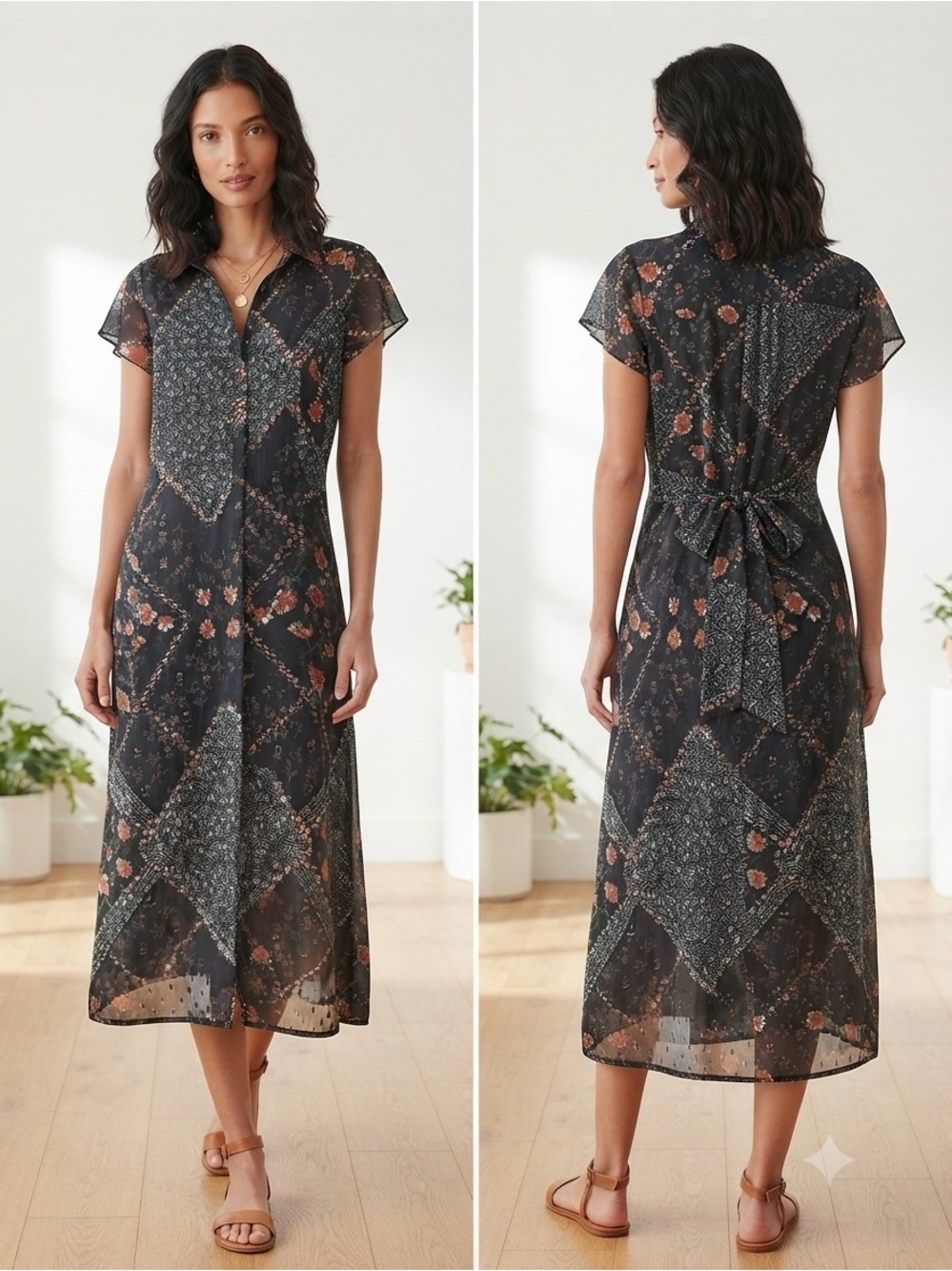 Button-Front Floral Patchwork Midi Dress in Black